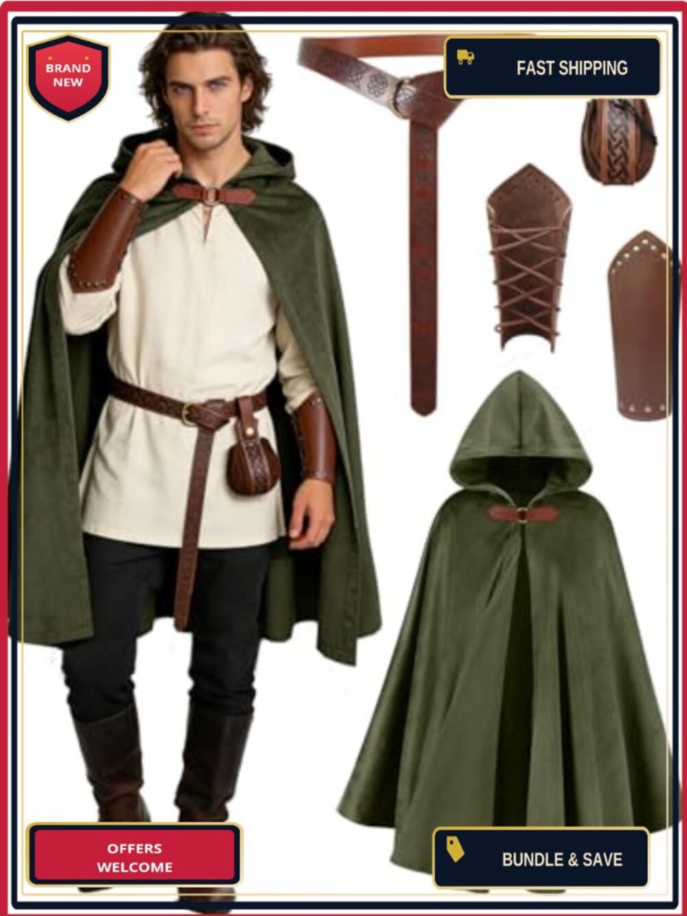 Renaissance Hooded Cloak Medieval Costume Set Belt Pouch Bracers Suede-Look
